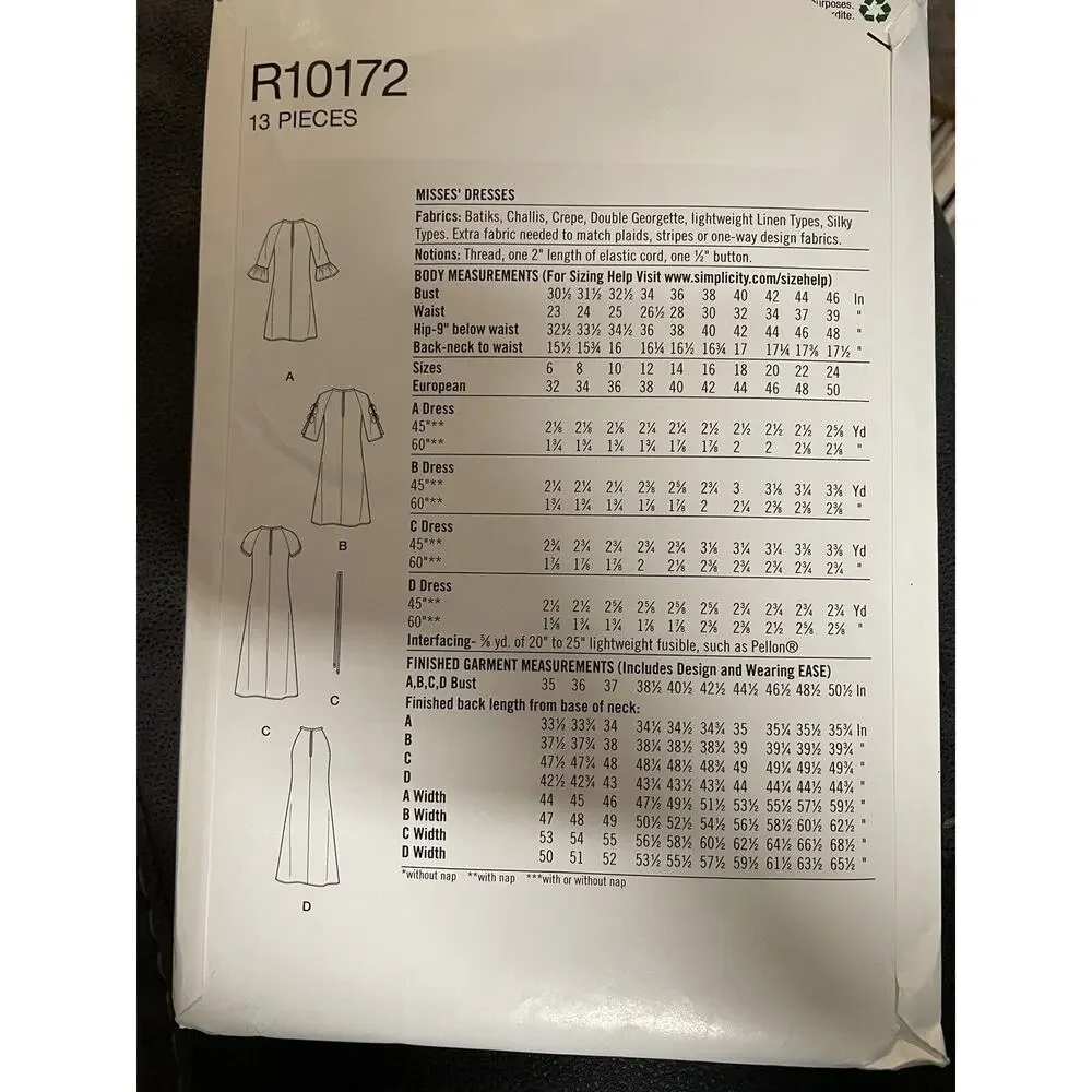 Misses Dress Simplicity Pattern R10172 Sizes 6 - 14 Several variations Uncut
